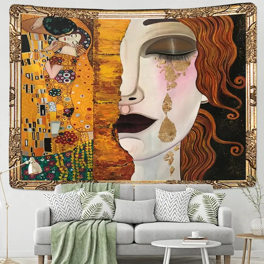 Golden-framed half face tapestry featuring klimt the kiss and tearful woman for decorbites bohemian thai style wall art