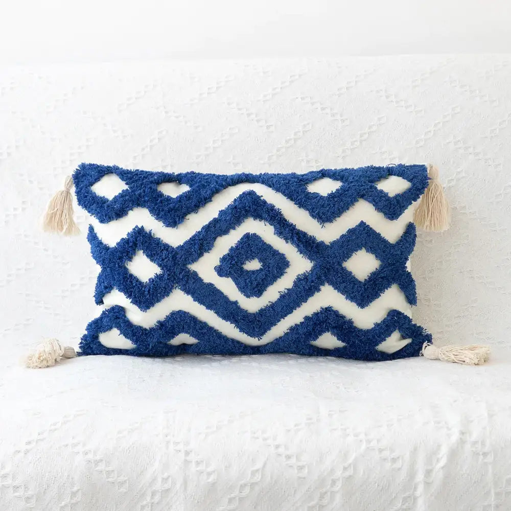 Blue and white bohemian tufted tassel pillow with textured fabric for living room decorbites cushion case