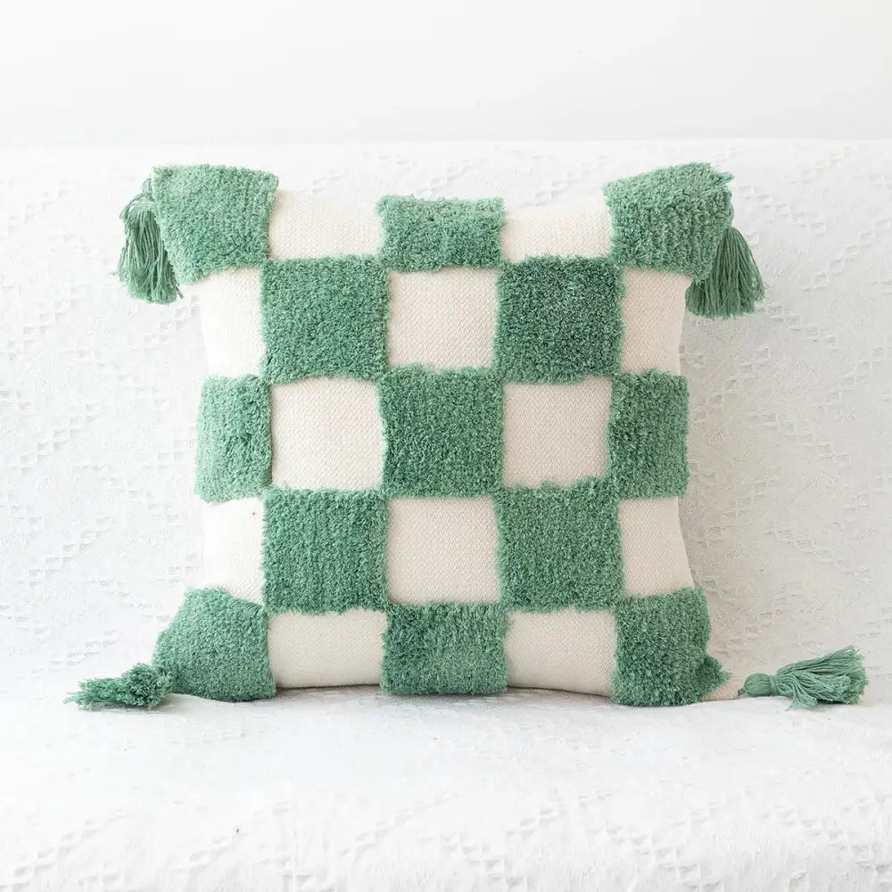 Cozy green and cream checkered decorbites bohemian tufted tassel pillow with fluffy corner tassels for living room decor