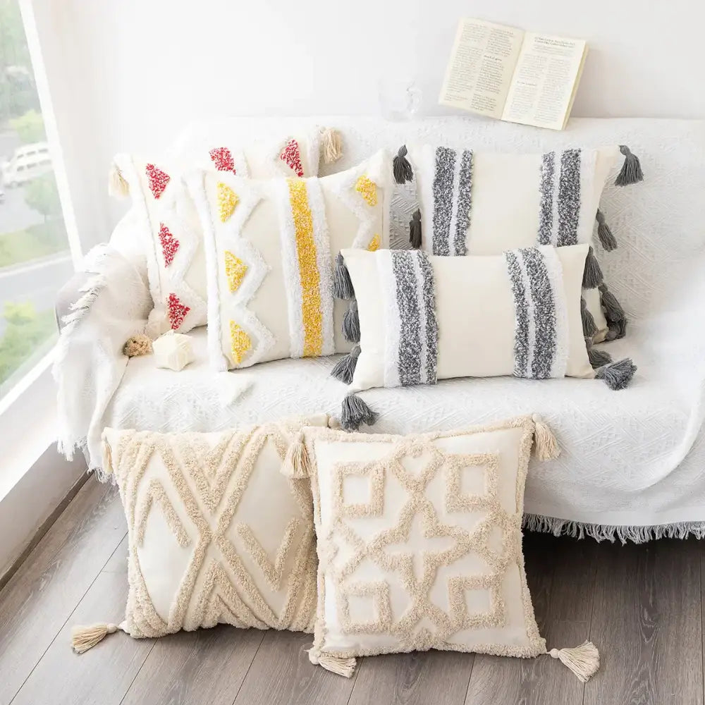 Cream-colored bohemian tufted tassel pillow case with textured woven geometric patterns for living room decorbites decor
