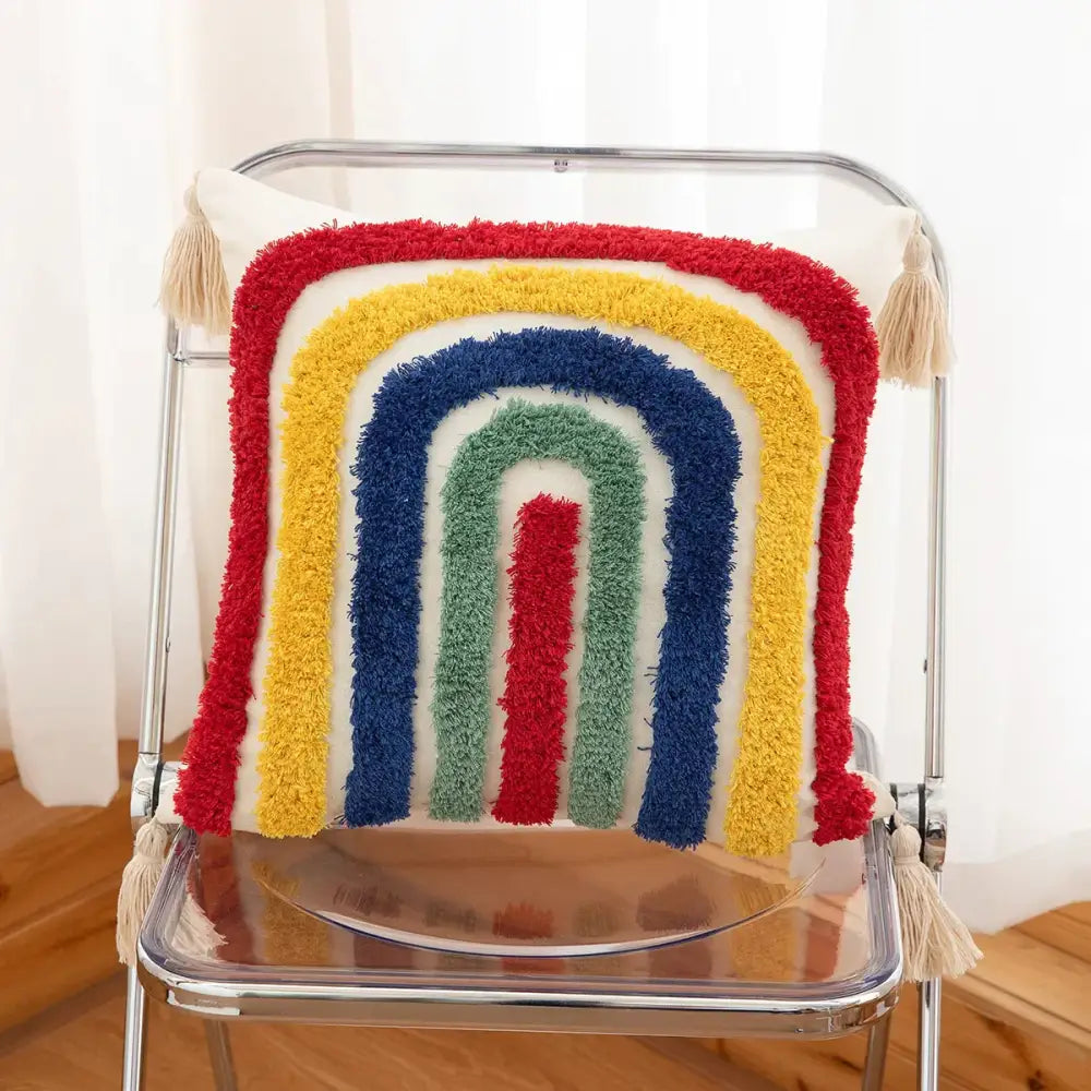 Colorful fluffy bohemian tufted tassel pillow with rainbow pattern and tassels for living room decorbites tufted cushion
