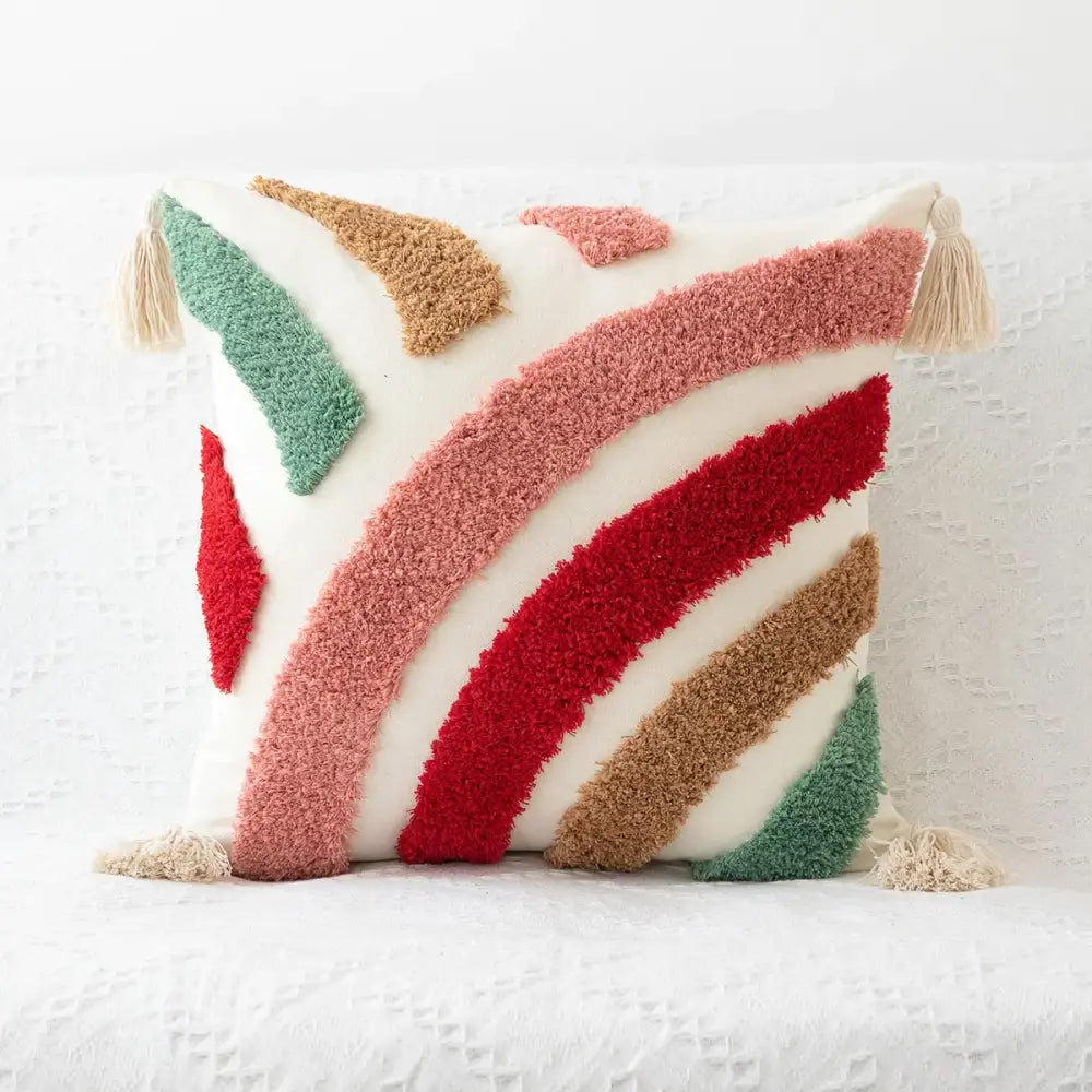 Beige bohemian tufted tassel pillow case with cream-colored fabric and vibrant diagonal yarn stripes for living room decorbites tufted tassel pillow