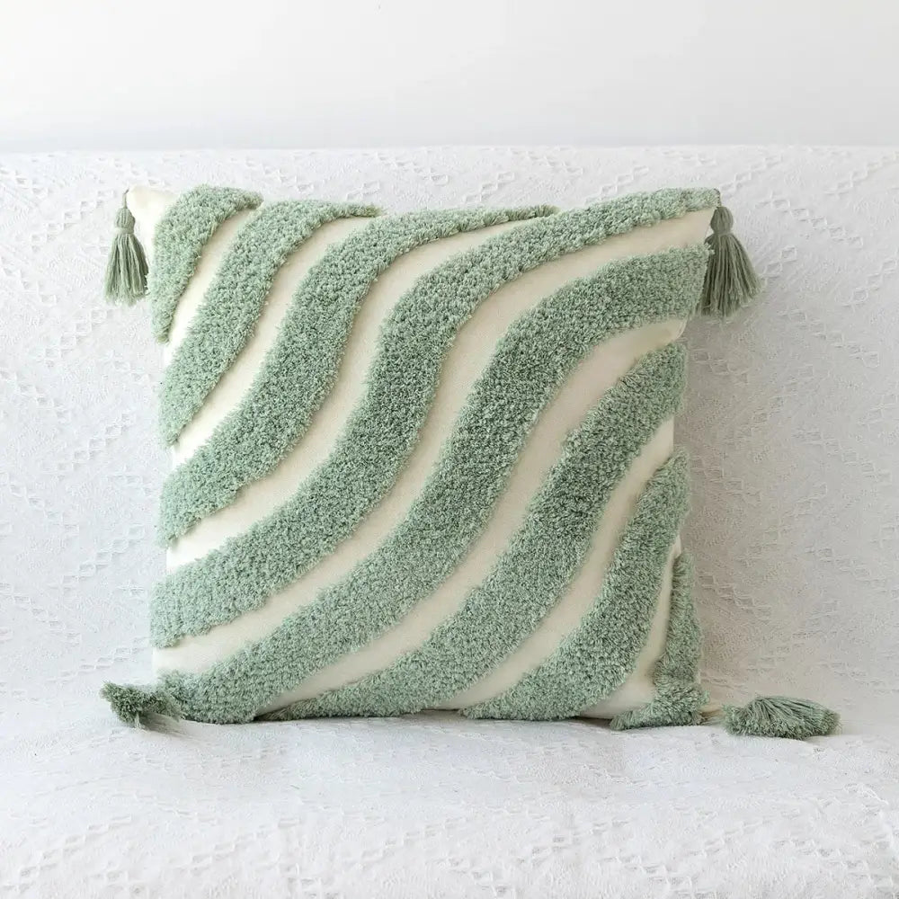 Soft mint green and cream woven decorbites bohemian tufted tassel pillow with geometric beige living room cushion design