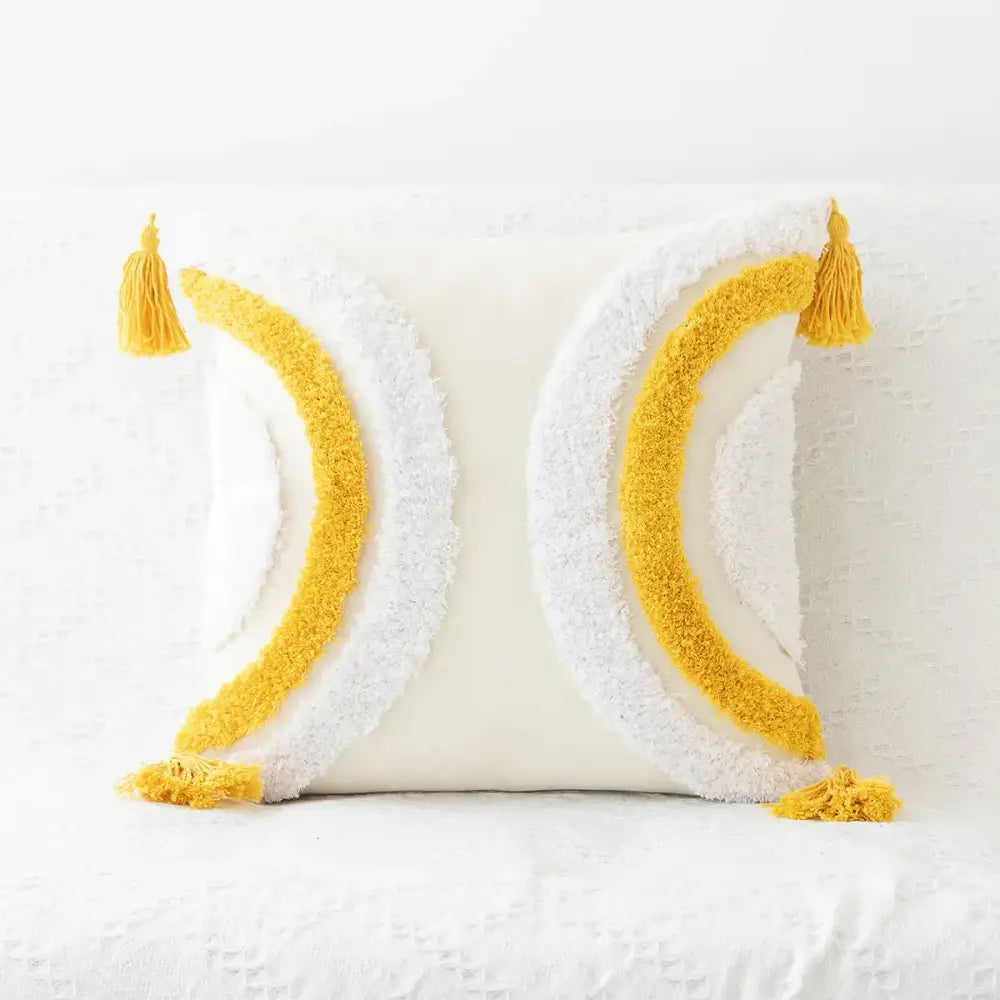 Beige bohemian tufted tassel pillow with textured yellow and white crescent moon design for living room decorbites decor