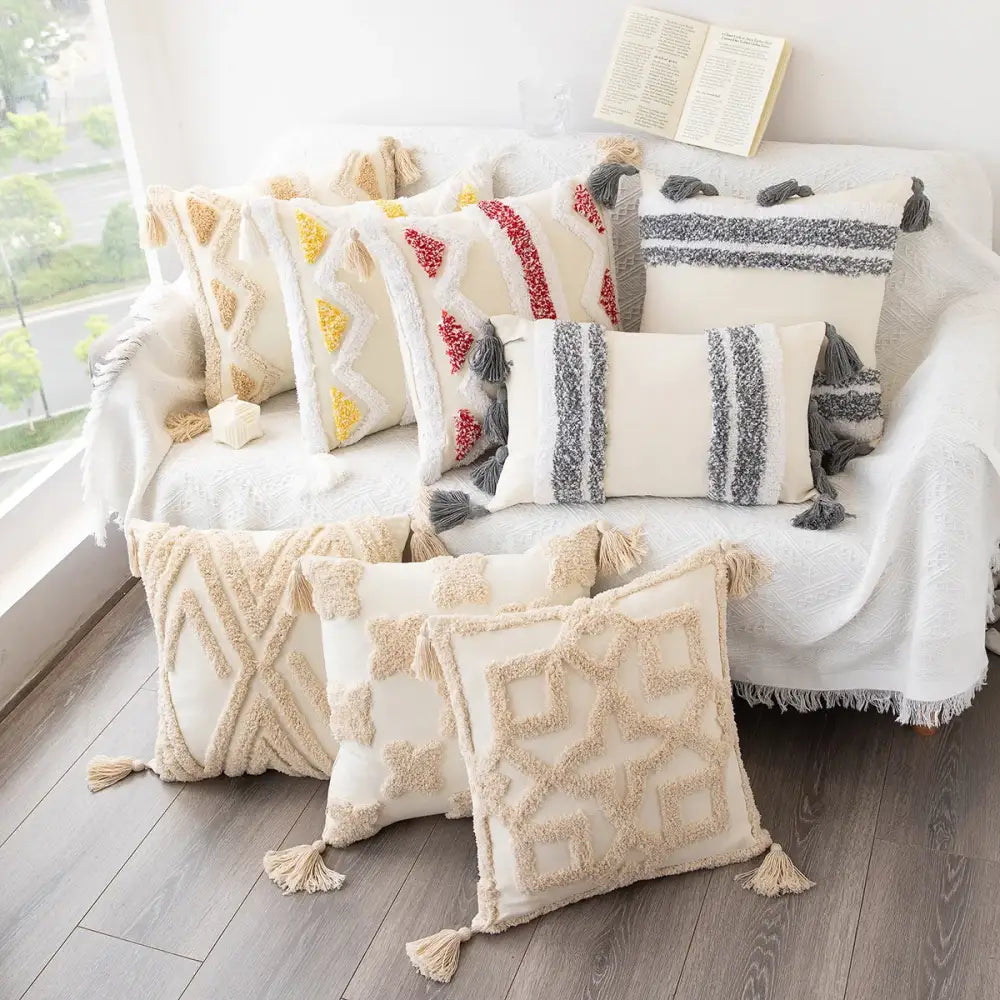 Beige decorbites bohemian tufted tassel pillow with geometric patterns and textured fabric for living room decor