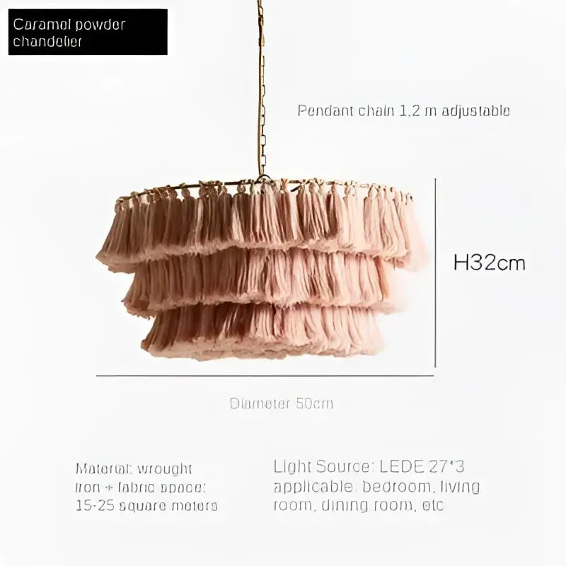 A caramel-colored tiered tassel pendant light with wrought iron frame and fabric fringe for decorbites bohemian vintage interiors