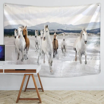 Bohemian white and brown horse print wall hanging with scenic beach decorbites 3d print for living room decor
