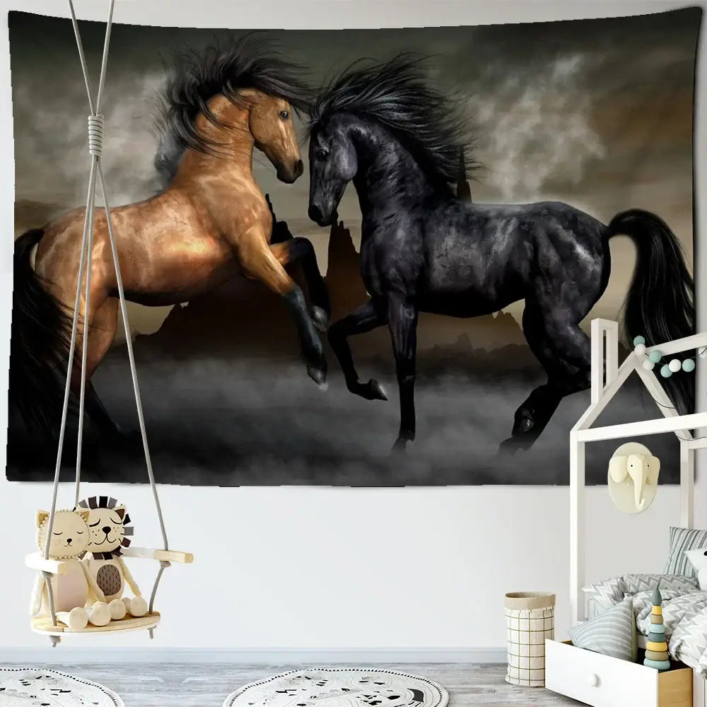 Bohemian white and brown horse print wall hanging decorbites 3d print tapestry with two dynamic horses in dramatic scene