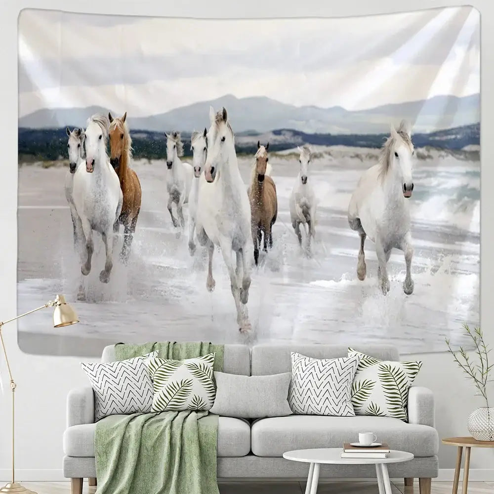 Bohemian white and brown horse print wall hanging decorbites 3d print features horses galloping through water with mountains