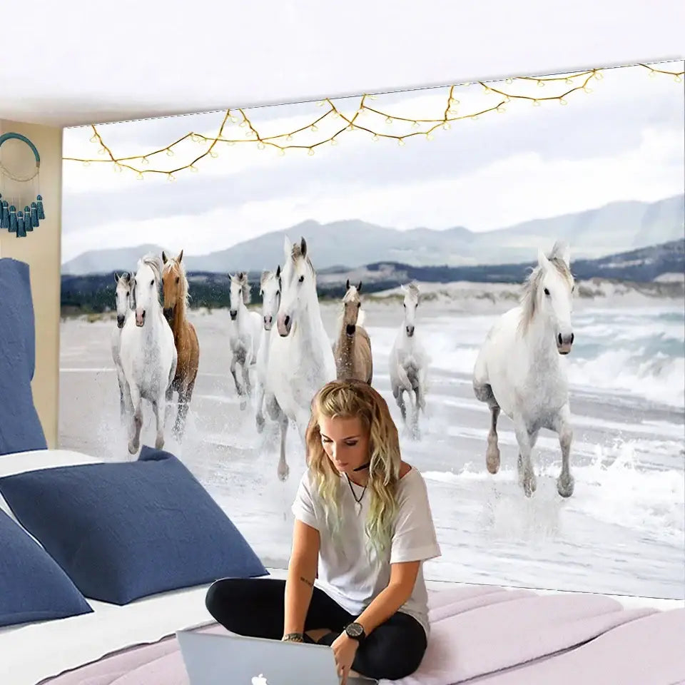 Bohemian white and brown horse print wall hanging tapestry decorbites 3d print decor for living room wall hanging