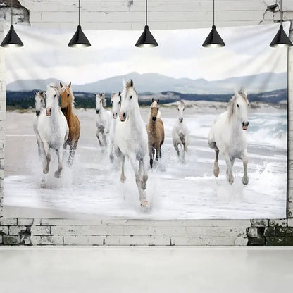 Bohemian white and brown horse print wall hanging tapestry decorbites 3d print on brick wall for living room decor