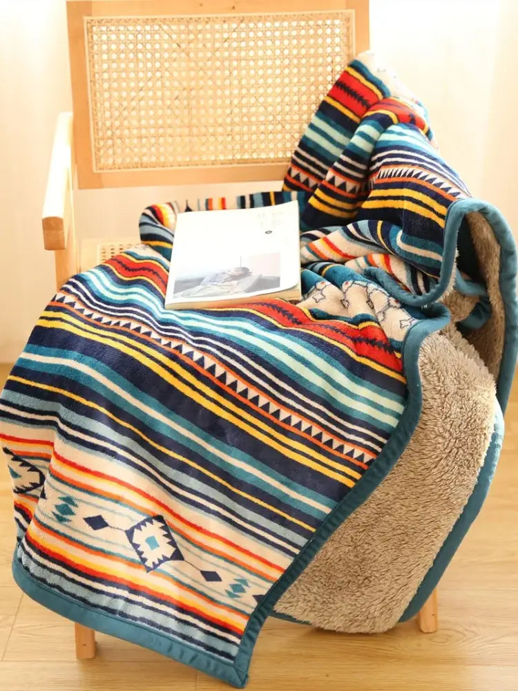 Bohemian winter blanket multicolored striped fleece with geometric patterns and plush sherpa lining for living room
