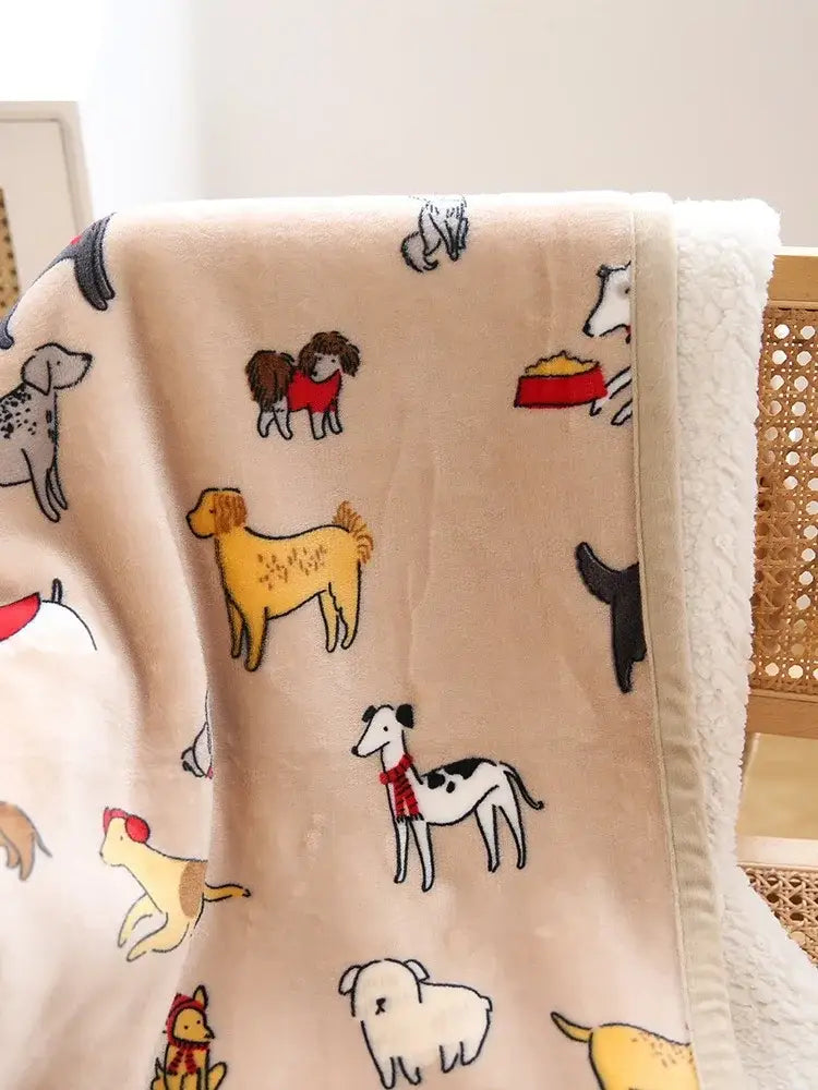 Beige plush bohemian winter blanket with multicolored cartoon dog pattern made of fleece for living room use