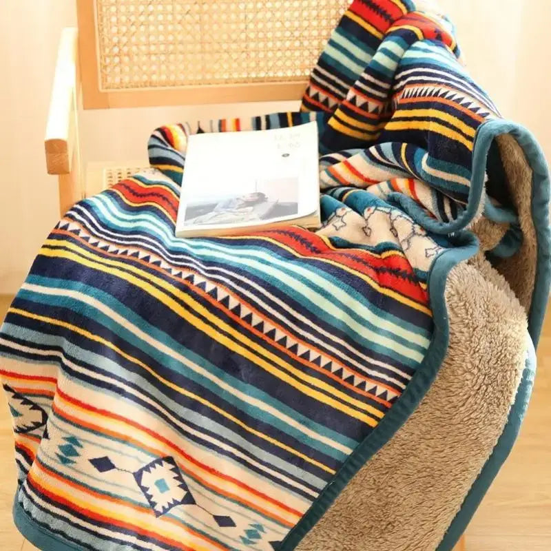 Bohemian winter blanket multicolored striped fleece with plush sherpa lining and tribal patterns for living room use