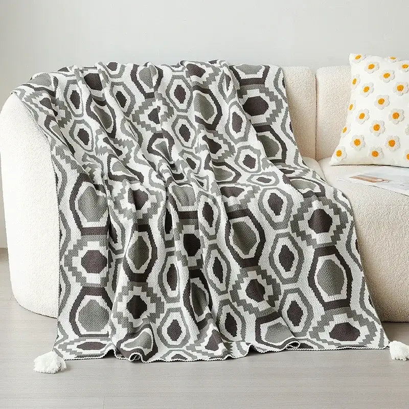 Gray and white geometric-patterned knit throw blanket with tassels bohemian winter blanket for decorbites winter blanket use