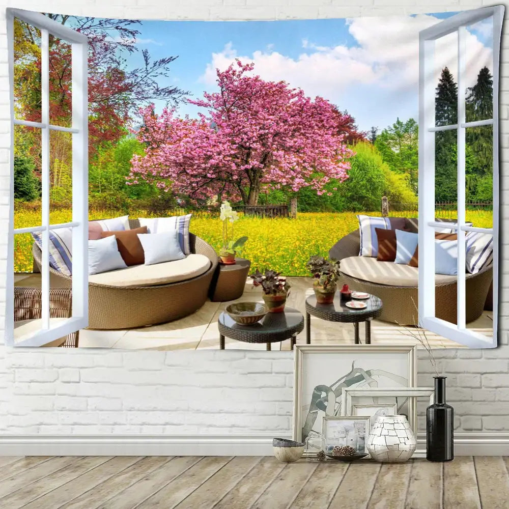 Rectangular bohemian wood tapestry wall hanging featuring a vibrant white-framed window garden scene for decorbites decor