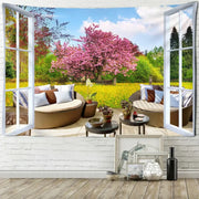 Rectangular bohemian wood tapestry wall hanging featuring a vibrant white-framed window garden scene for decorbites decor