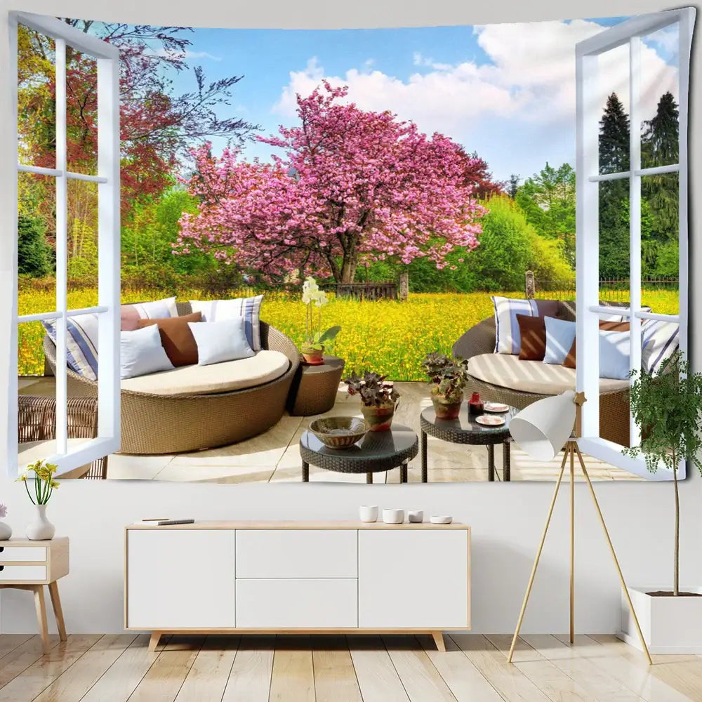 A vibrant pink cherry blossom wood tapestry wall hanging framed by white window panes for bohemian wood decorbites decor