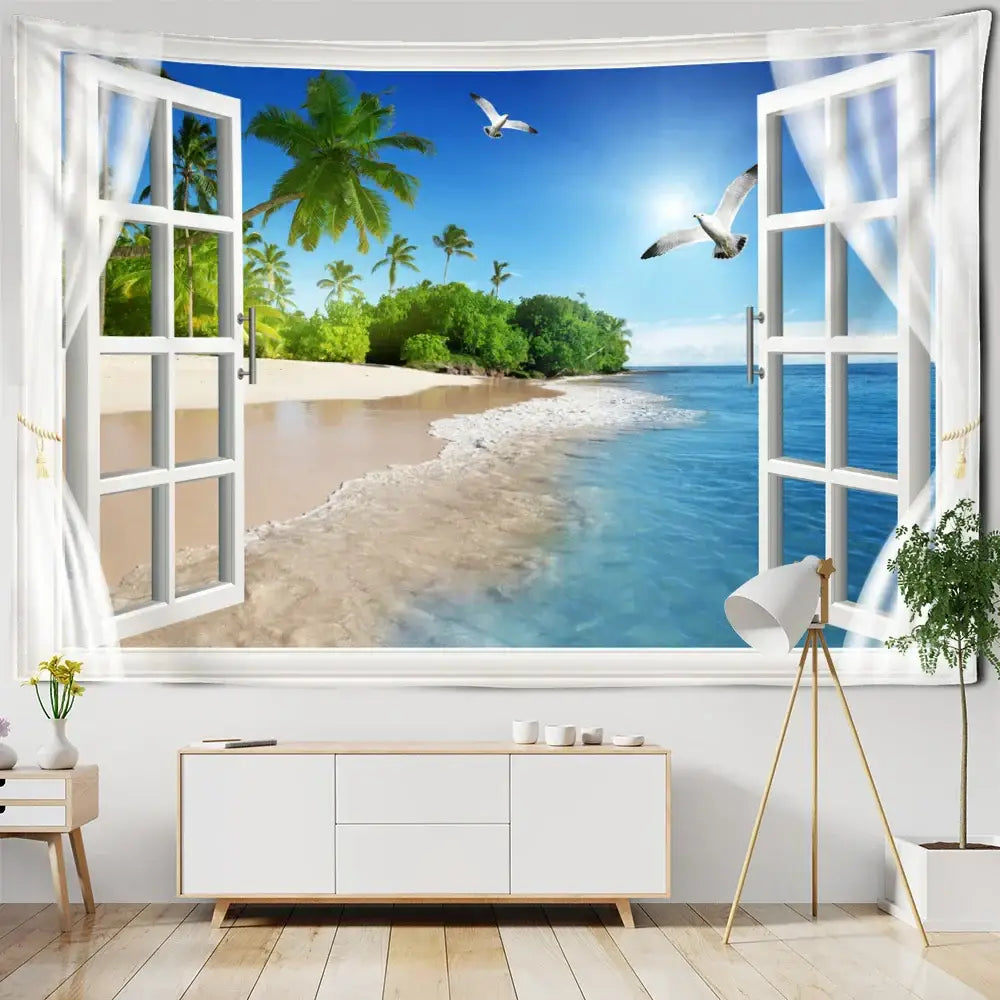 Bohemian wood tapestry wall hanging featuring white window frame design with palm trees and seagulls decorbites bohemian wood