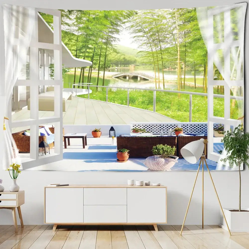 White window frame bohemian wood tapestry wall hanging featuring a serene lakeside patio with lush green trees decorbites bohemian wood
