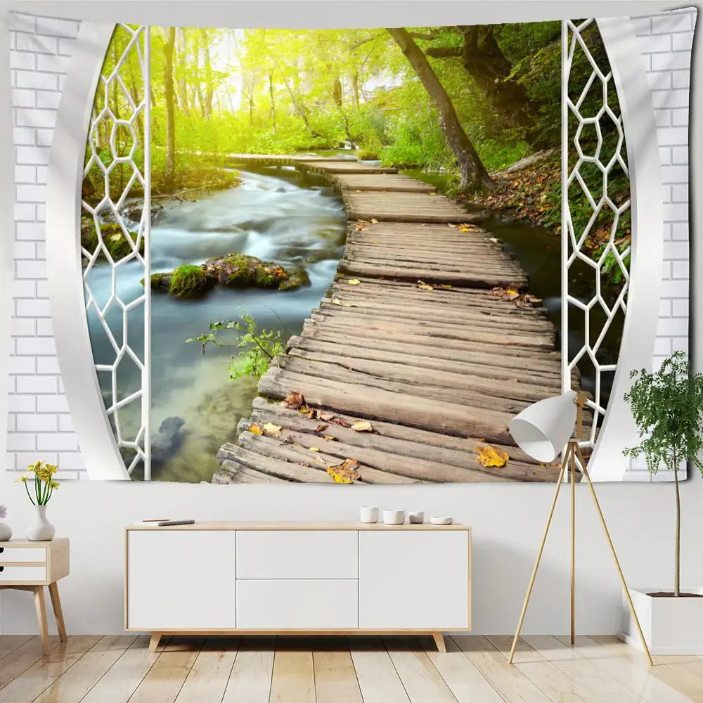 White bohemian wood tapestry wall hanging featuring a scenic forest path with wooden planks and greenery decorbites bohemian wood