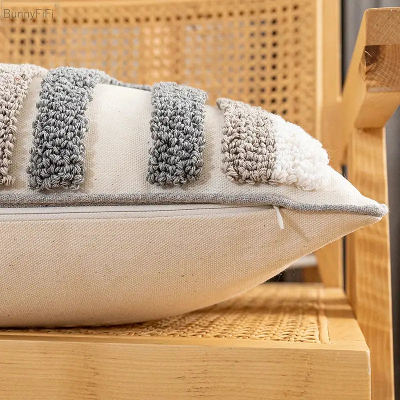 Beige cushion cover with textured gray and white crochet stripes for living room home decoration decorbites boho style