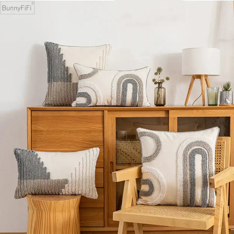 Bunnyfifi boho style cushion cover with abstract grey and cream geometric pattern on soft fabric for home decoration