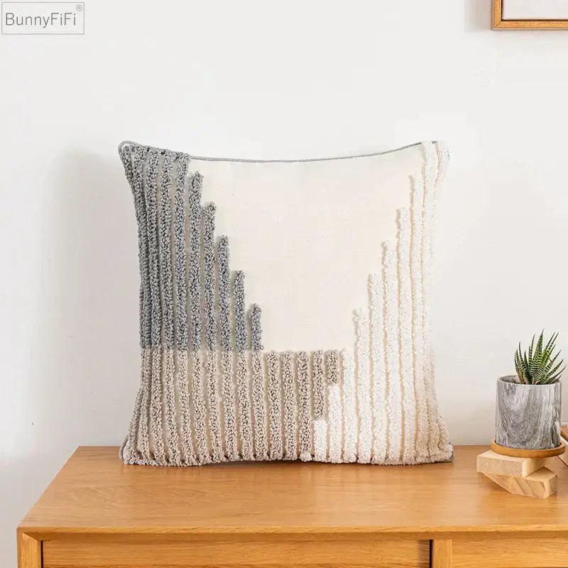 Bunnyfifi boho style cushion cover with textured tufted vertical stripes in grey and cream for home decoration