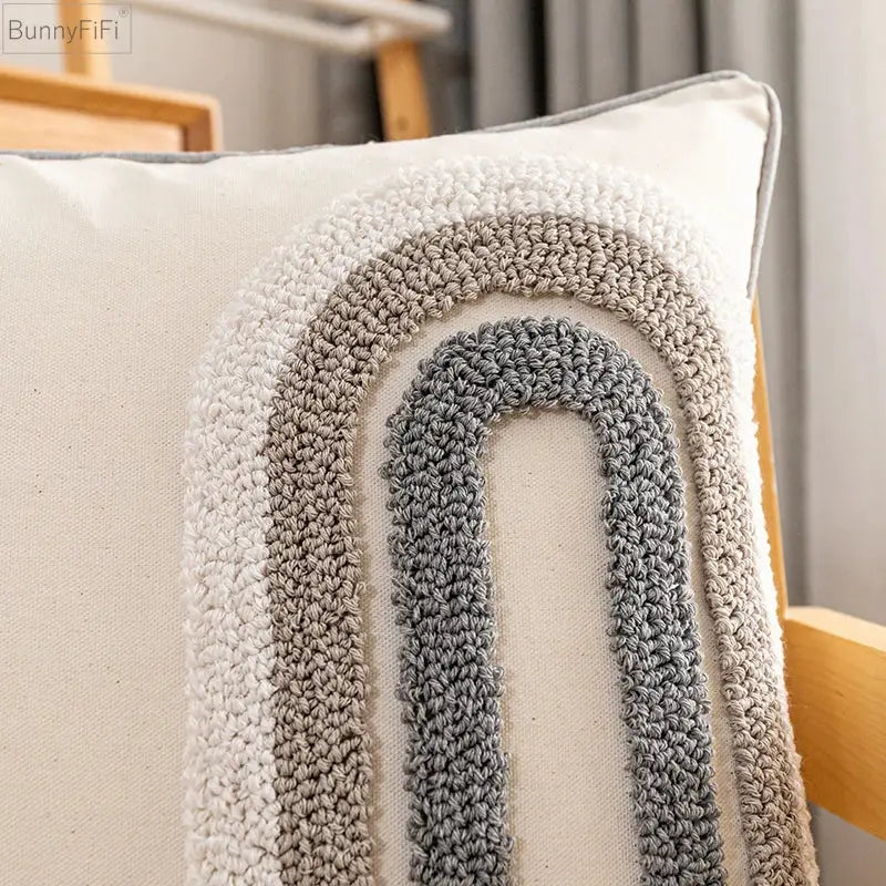 Beige cushion cover with textured three toned gray rainbow tufting yarn for home decoration decorbites boho style