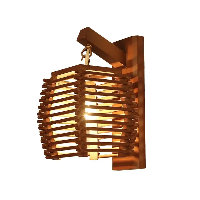 Warm-toned bamboo wall sconce light with woven wood slat design and rectangular mounting bracket for corridor use