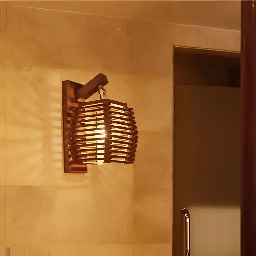 Warm-toned bamboo wall sconce light with woven basket design for boho corridor decor and ambient lighting