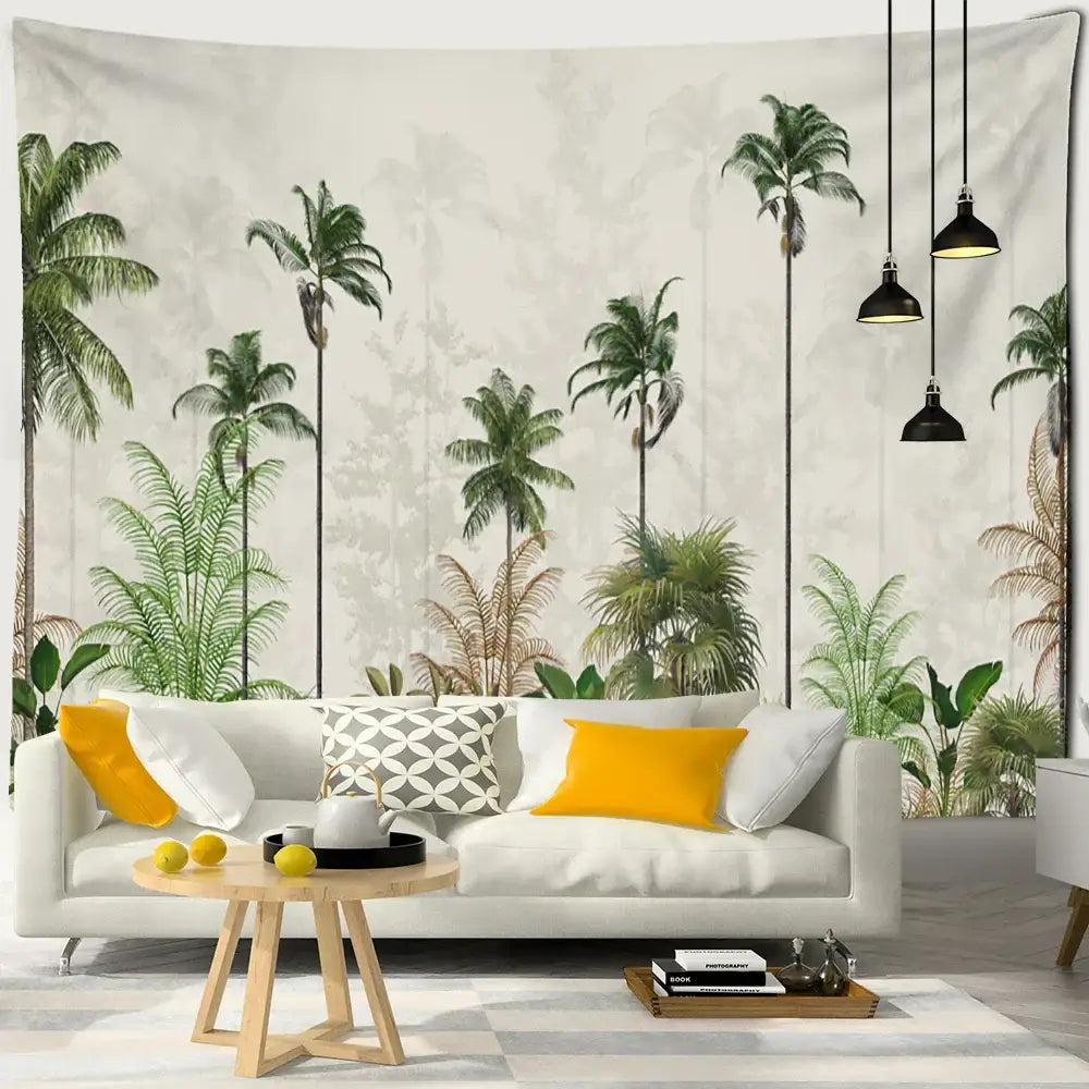 Boho banana tree mist tapestry wall hanging with detailed green banana tree foliage on soft beige background for living room decor