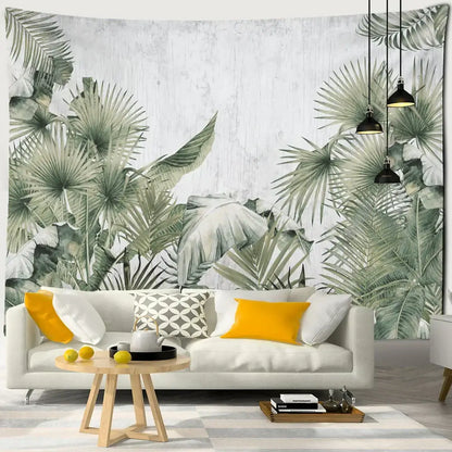 Boho banana tree mist tapestry wall hanging featuring tropical green palm leaves on weathered white wood texture background