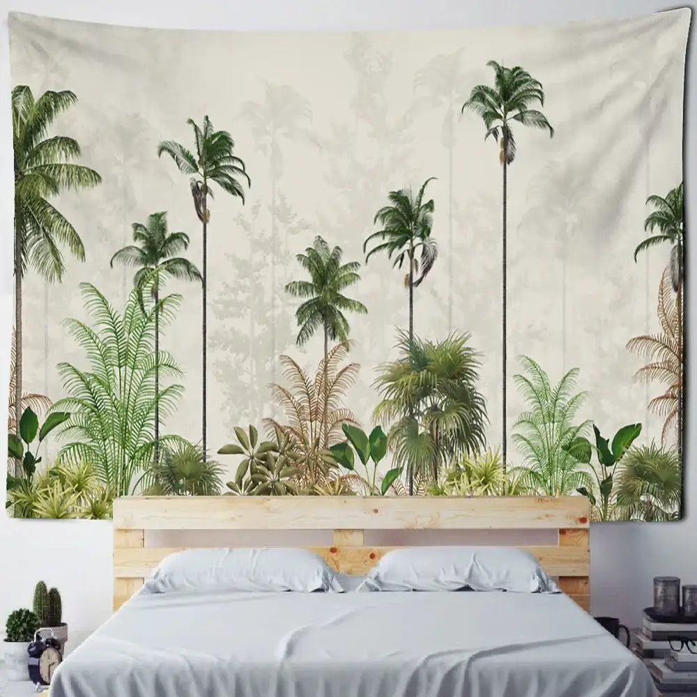 Boho banana tree mist tapestry wall hanging in soft beige green and earth tones featuring tropical palm and fern design