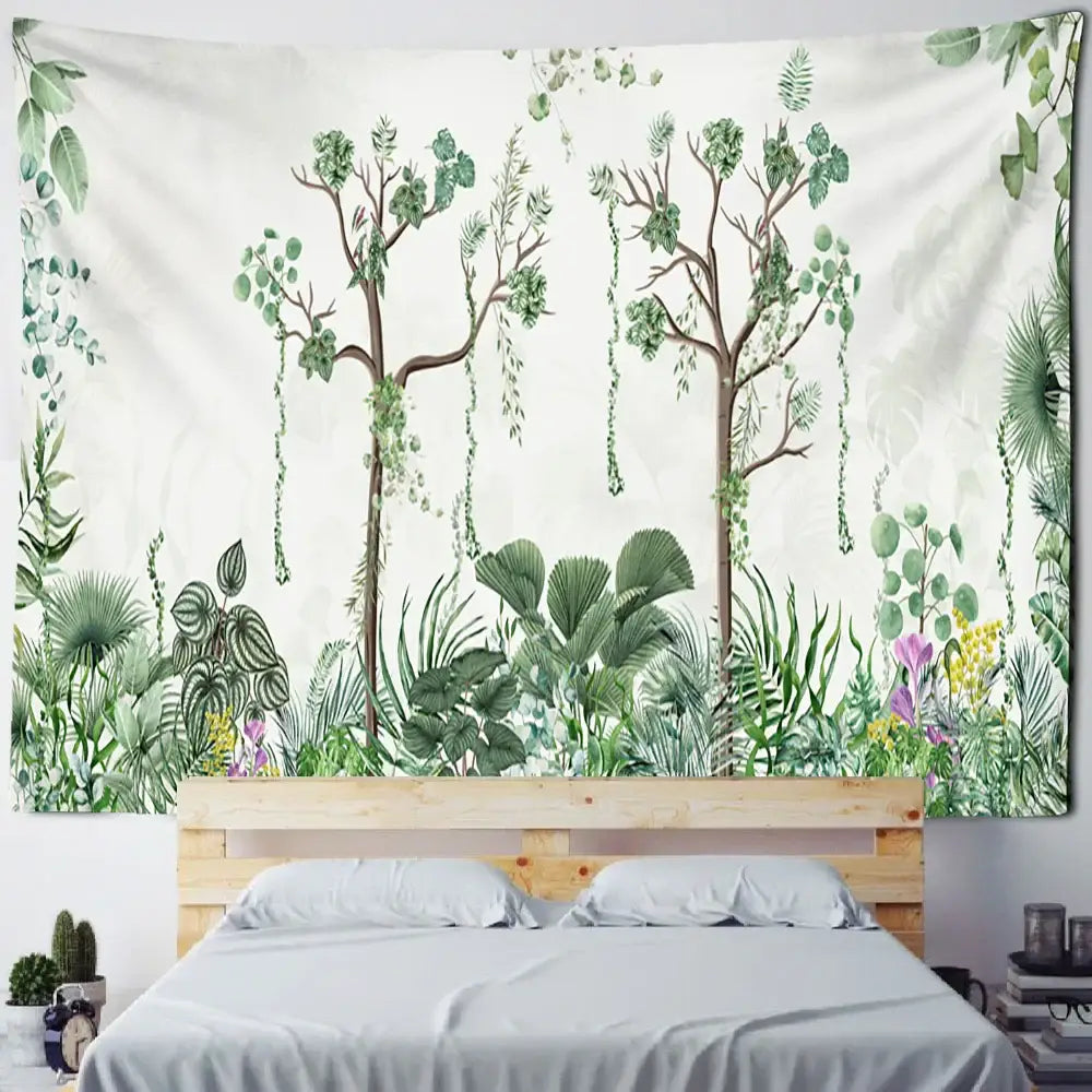 Boho banana tree mist tapestry wall hanging featuring lush green trees and purple flowers on soft off-white background