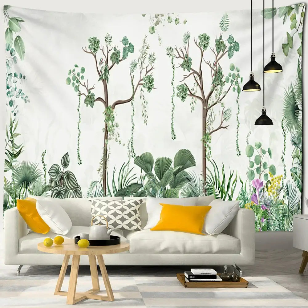 A white sofa with yellow and patterned pillows in a boho banana tree mist tapestry living room decor setup