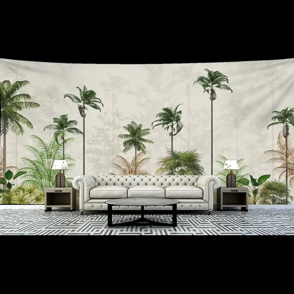 White tufted leather sofa with rolled arms in living room featuring boho banana tree mist tapestry wall hanging decor
