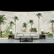White tufted leather sofa with rolled arms in living room featuring boho banana tree mist tapestry wall hanging decor