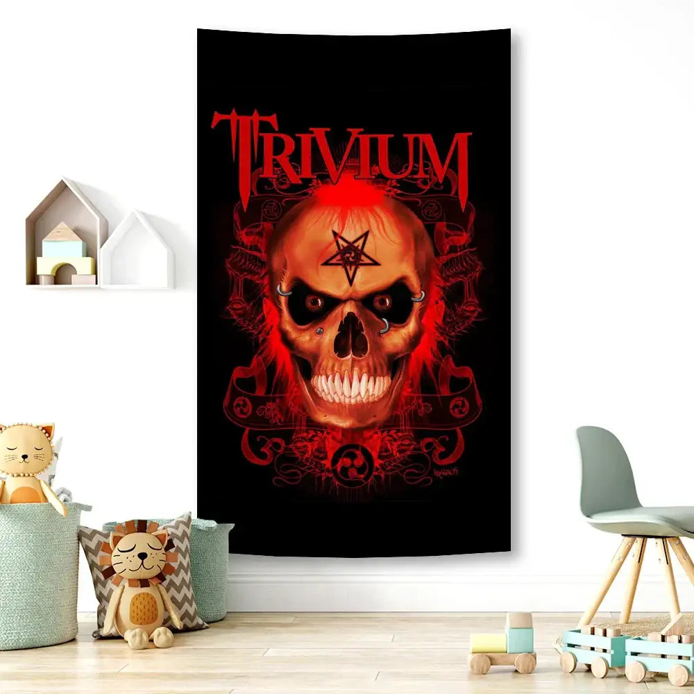 Black tapestry flag featuring a red skull with pentagram and trivium logo for boho band decorbites boho band decor