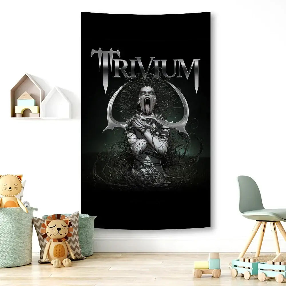 Black trivium boho band tapestry flag with silver metallic logo and antlered figure for decorbites boho band decor