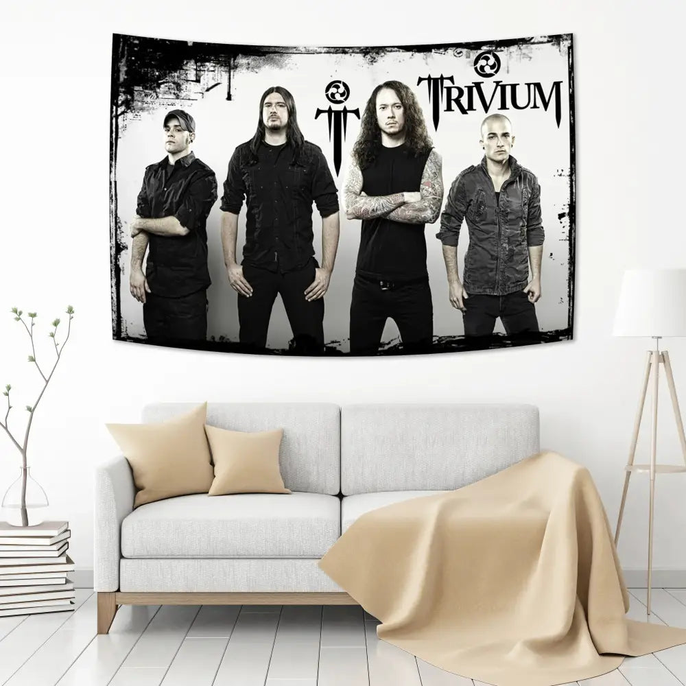 Black and white boho band tapestry flag featuring metalcore group trivium for decorbites boho band bedroom wall art and bedspread