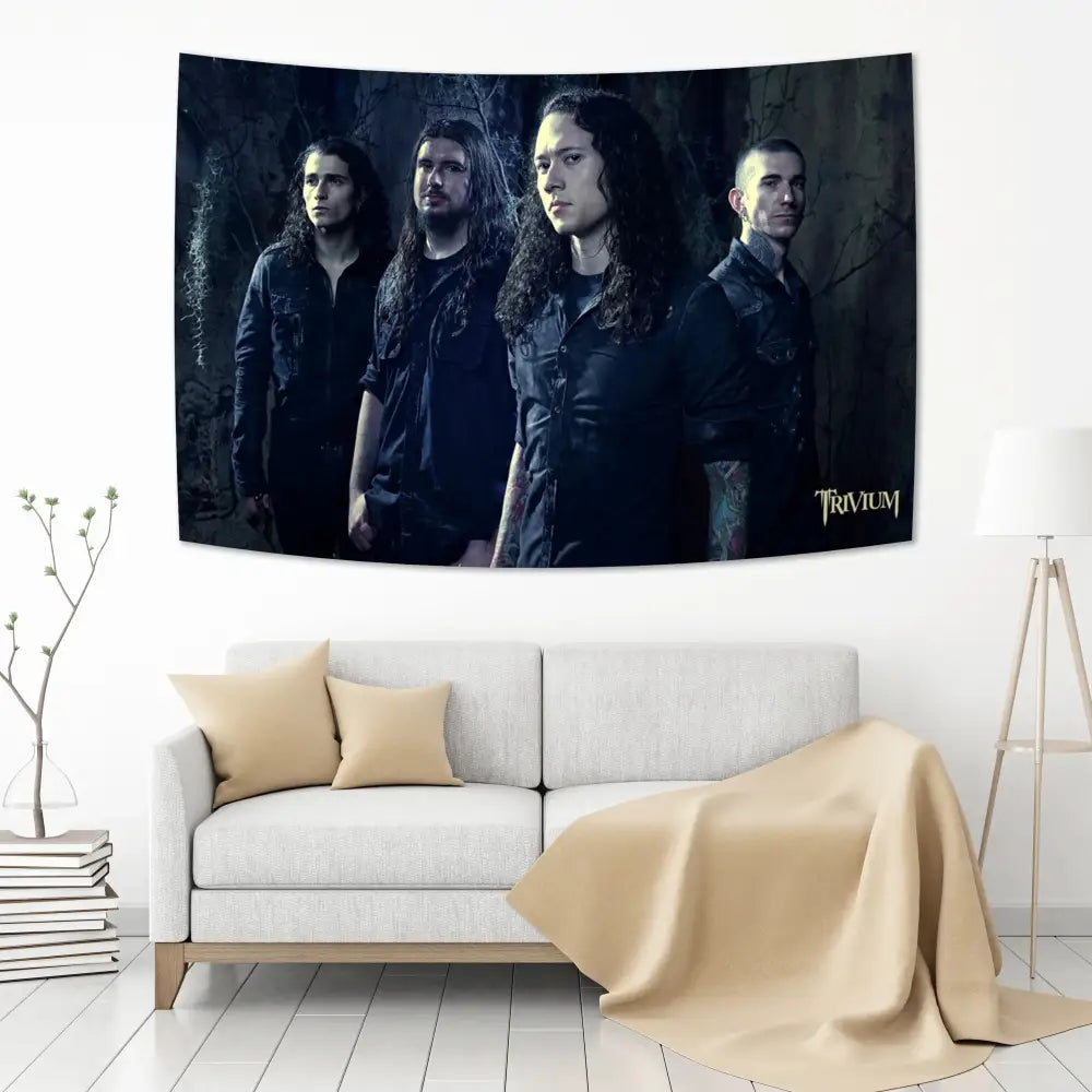 Dark-themed boho band tapestry flag featuring trivium members in black attire with moody forest backdrop for bedroom decorbites boho band wall art