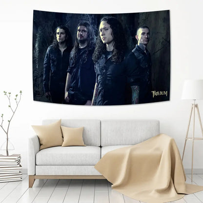 Dark-themed boho band tapestry flag featuring trivium members in black attire with moody forest backdrop for bedroom decorbites boho band wall art