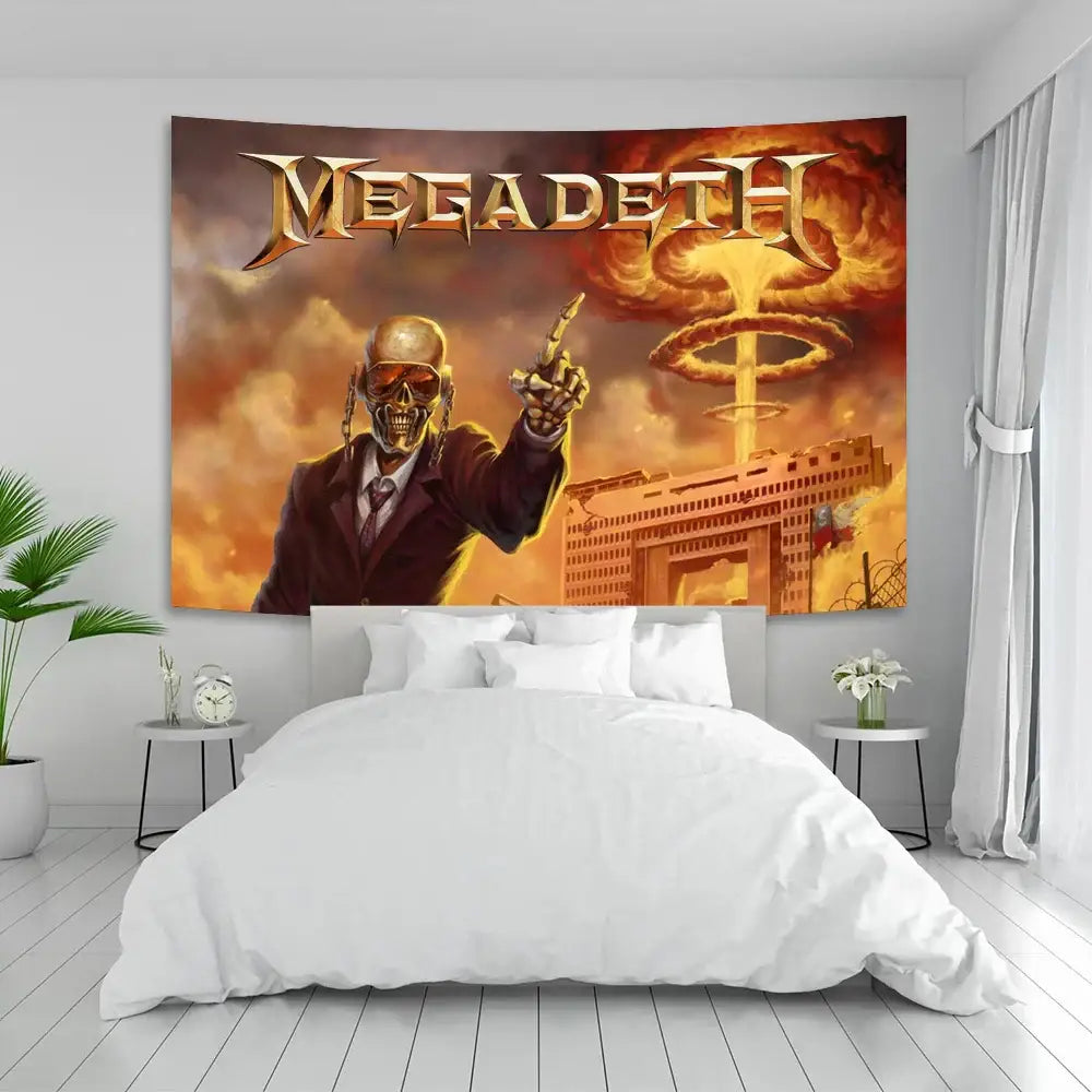 A large boho band tapestry by decorbites featuring a golden skeleton in a dark suit for bedroom wall decor and bedspread