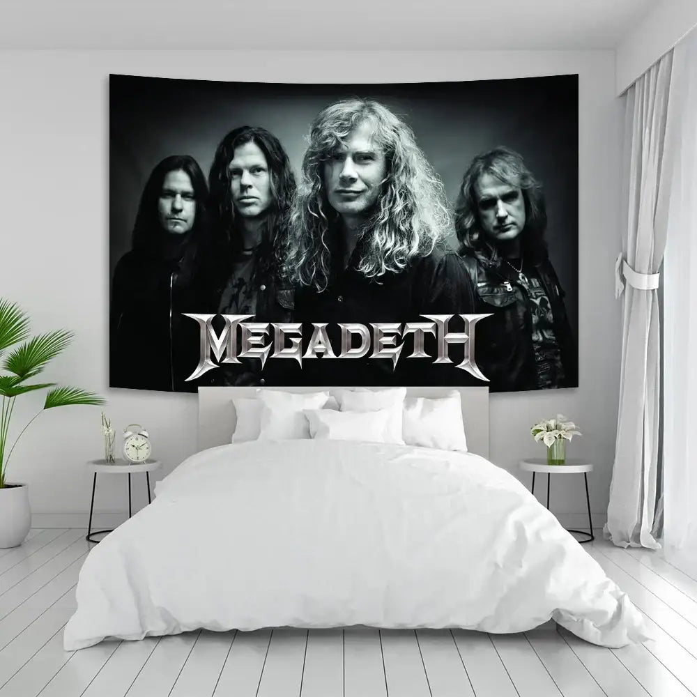 Black and white boho band tapestry featuring megadeth metal band design for bedroom decor by decorbites boho band
