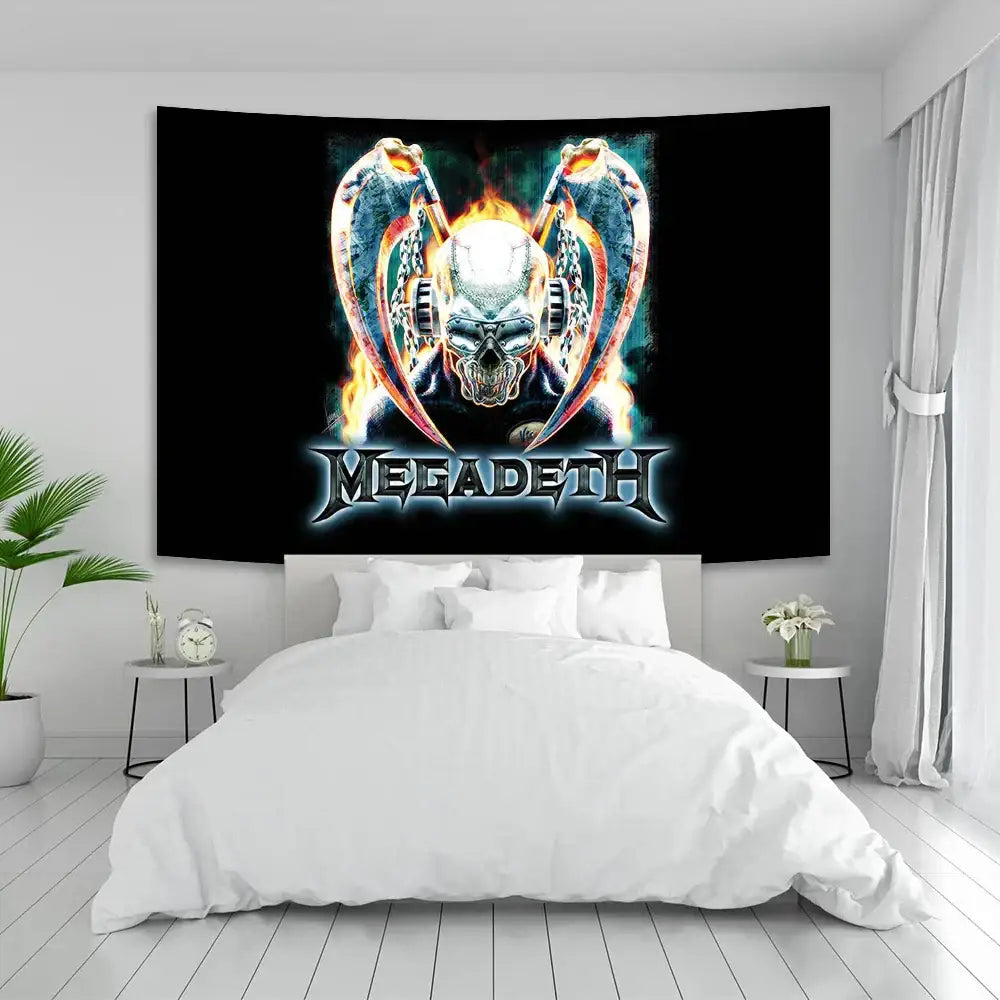 Black megadeth boho band tapestry with glowing skull and crossed scythes fiery effects for bedroom decorbites boho decorbites boho band