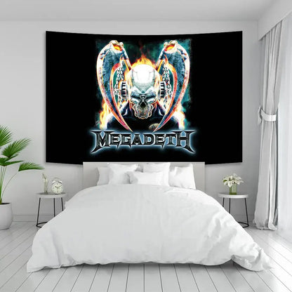 Black megadeth boho band tapestry with glowing skull and crossed scythes fiery effects for bedroom decorbites boho decorbites boho band