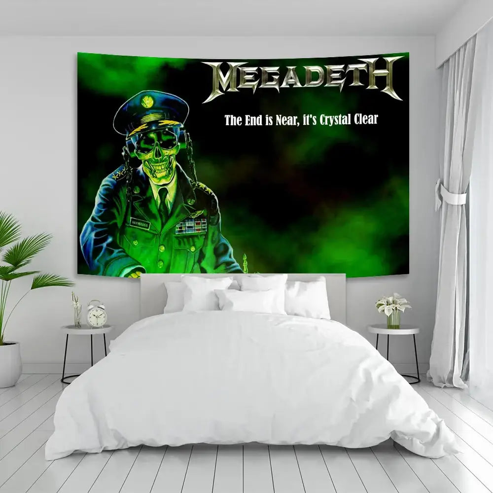 Green and black boho band tapestry wall art by decorbites featuring megadeth skull in military uniform for bedroom decor