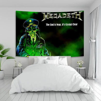 Green and black boho band tapestry wall art by decorbites featuring megadeth skull in military uniform for bedroom decor