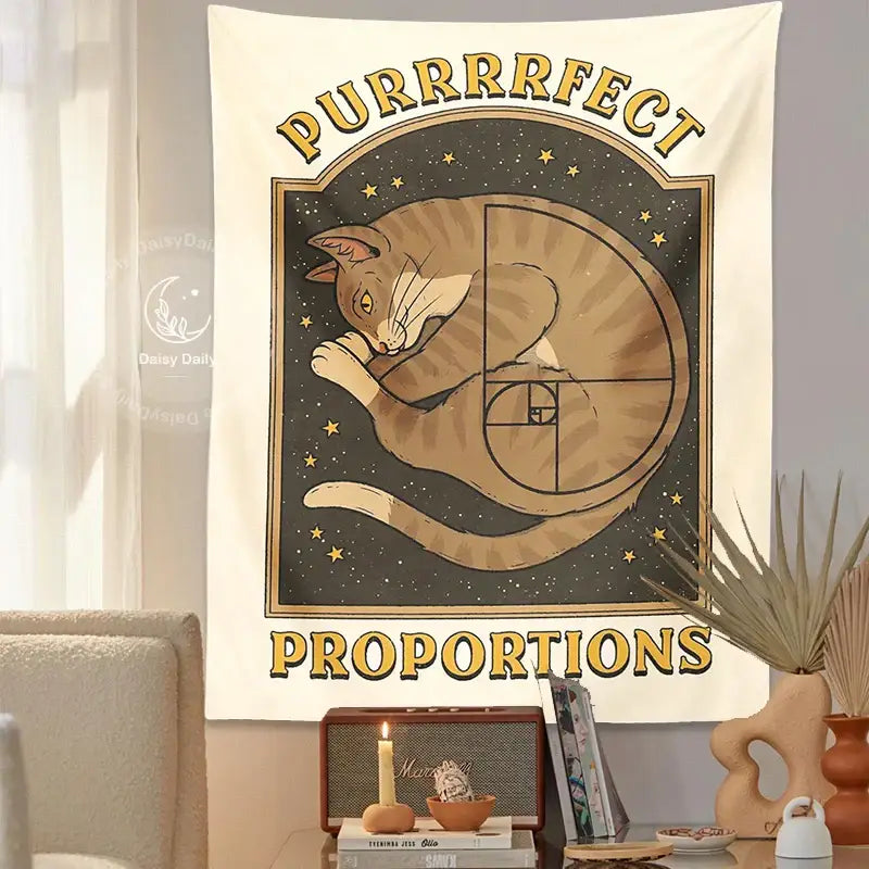 Beige and gold cute cat tapestry wall hanging with stylized tabby cat and starry background for bedroom decor